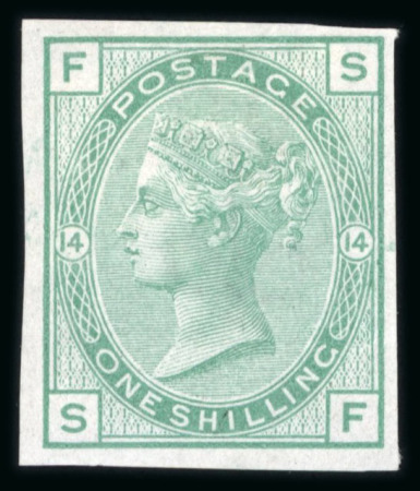 Stamp of Great Britain » 1855-1900 Surface Printed » 1873-80 Large Coloured Corner Letters 1873-80 1s green pl.14 abnormal imperforate imprimatur