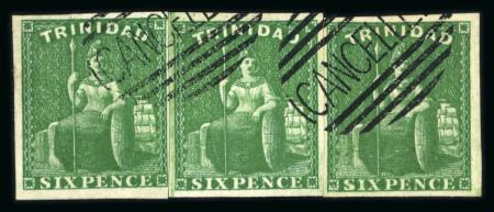 Stamp of Trinidad and Tobago » Trinidad 1859 Britannia 6d deep green, three examples in reconstructed strip with Perkins Bacon "CANCELLED" oval handstamps