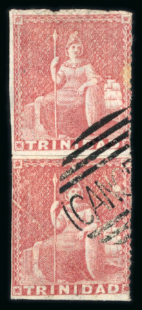 Stamp of Trinidad and Tobago » Trinidad 1859 Britannia (1d) rose red rough perf.14-16 1/2, two examples in reconstructed vertical pair with Perkins Bacon "CANCELLED" oval handstamp