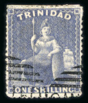 Stamp of Trinidad and Tobago » Trinidad 1859 Britannia 1s deep bluish purple rough perf.14-16 1/2 with Perkins Bacon "CANCELLED" oval handstamp