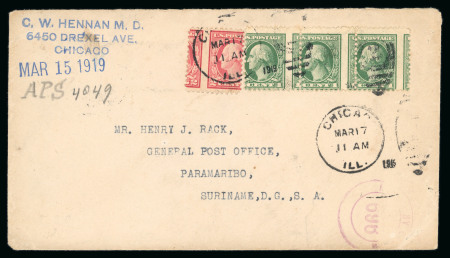 Stamp of United States » 1917-23 Washington Franklin Issue 1919 (March 15) Cover to Suriname, South America franked with dramatic mis-perforation 1c and 2c