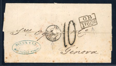 Stamp of Puerto Rico 1867 (Feb 8) Folded letter to Genoa sent from Mayaguez, via Puerto Rico, London, and Calais
