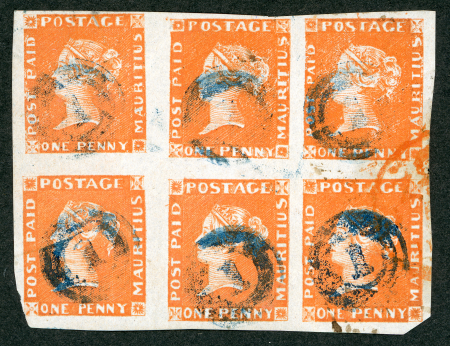 Stamp of Mauritius » 1848-59 Post Paid Issue » Earliest Impressions (SG 3-5) THE LARGEST KNOWN MULTIPLE1d orange-vermilion, BLOCK