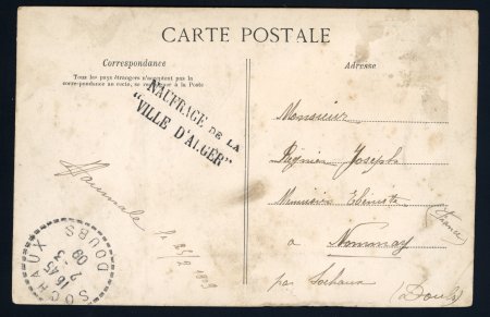 Stamp of Colonies françaises » Algérie 1909, Carte postale avec griffe linéaire "naufrage
