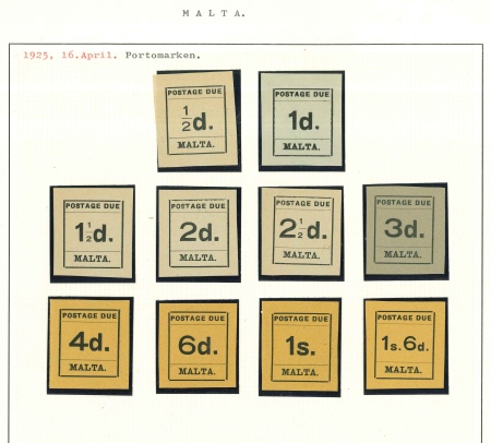Stamp of Malta Postage Dues: 1925 1/2d to 1s6d mint n.h. set of singles, set in blocks of four and set in blocks of four with tête-bêche pairs
