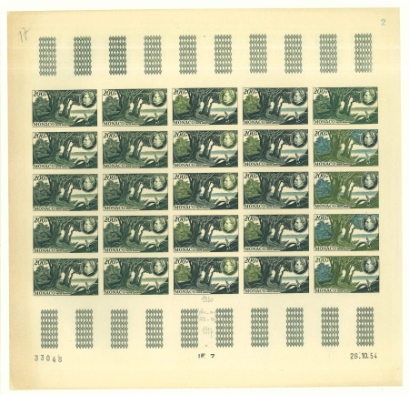 Stamp of Colonies françaises » Monaco Monaco : 1955 timbre A.Schweitzer PA YT n° 59 superbe feuille entière de 25 essais