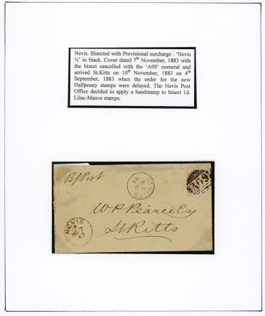 Stamp of St. Kitts-Nevis » Nevis 1883 vertically bisected 1d lilac mauve QV issue with provisional surcharge ½ in black on cover