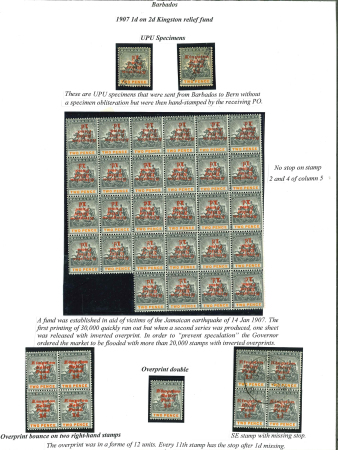Stamp of Barbados 1907 1d on 2d Kingston relief fund, one page with specialised study of the overprint