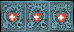 Stamp of Switzerland / Schweiz » Rayonmarken » Rayon I, dunkelblau ohne Kreuzeinfassung 1850, Rayon I dunkelblau ohne Kreuzeinfassung im waagrechten Dreierstreifen, Typen 37-38-39, entwertet mit schwarzem PP