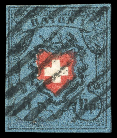 Stamp of Switzerland / Schweiz » Rayonmarken » Rayon I, dunkelblau ohne Kreuzeinfassung 1850, Rayon I dunkelblau ohne Kreuzeinfassung, Type 31, prachtvoll entwertet mit schwarzer Aargauer Raute (AW29/30)