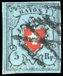 Stamp of Switzerland / Schweiz » Rayonmarken » Rayon I, dunkelblau ohne Kreuzeinfassung 1850, Rayon I ohne Kreuzeinfassung in der grauvioletten Nuance, Type 33, prachtvoll entwertet mit doppelt aufgesetzter Raute von Yverdon