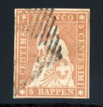 Stamp of Switzerland / Schweiz » Sitzende Helvetia Ungezähnt » Münchner Druck, 1. Auflage 1854, 5 Rp. braun, 1. Münchner Druckperiode, leicht entwertet mit schwarzer eidgenössischer Raute