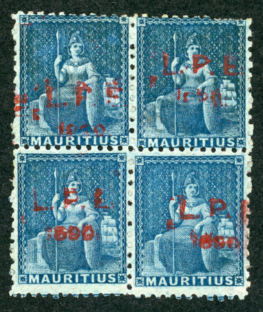 Stamp of Mauritius » 1858-62 Britannia Issues (SG 26-35) 1890 "LPE/1890" red overprints on remainders of the two unissued "Britannia" stamps in red-brown and blue blocks of four