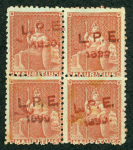 Stamp of Mauritius » 1858-62 Britannia Issues (SG 26-35) 1890 "LPE/1890" red overprints on remainders of the two unissued "Britannia" stamps in red-brown and blue blocks of four