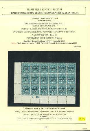 Stamp of Ireland » 1922-23 Thom Three-Line Overprints (T47-T61) 10d turquoise-blue, specialised study of the T22 control
