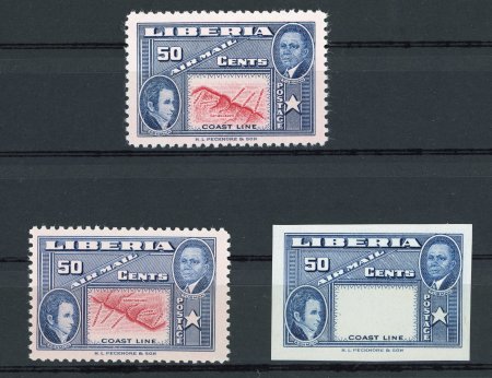Stamp of Liberia 1952 Liberia Jehudi Ashmun 50c showing inverted centre print, imperforate proof without centre, etc