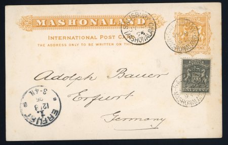 Stamp of Rhodesia 1895 British South Africa Company 1st issue 1d black tied to Mashonaland postal stat.