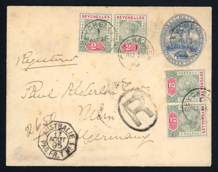 Stamp of Seychelles 1895 SEYCHELLES Registered postal stat. envelope 15c blue + additional fkg of 8 x 2c
