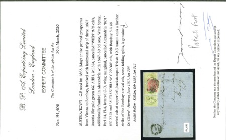 1868 Printed matter entire letter from Vienna to Bombay, sent via Trieste with GB 3d applied in Egypt