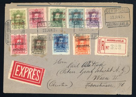 Stamp of Andorra (Spanish Post) 1928 ANDORRA, spanish, first issue cover with complete short set 2C to 50C to Austria