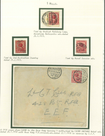 Stamp of Egypt » 1914-1922 Pictorials 5m lake group of cancels incl. cover to E.E.F. tied ''SHEPHEARD's HOTEL'' cds