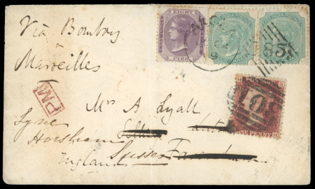 Stamp of India » 1855-1946 De La Rue and later Crown Colony Issues 1869 (Jul 22) envelope from Akola (Maharashtra) with 1865 8p and two 1866-78 4a, redirected in England
