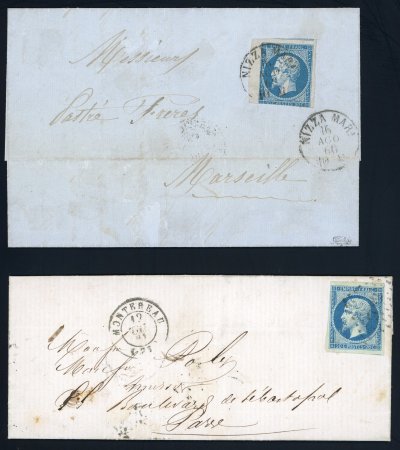 Stamp of France » Lettres Classiques 1860-1861, 2 lettres avec n°14 cad "NIZZA MARA" + bleu-vert