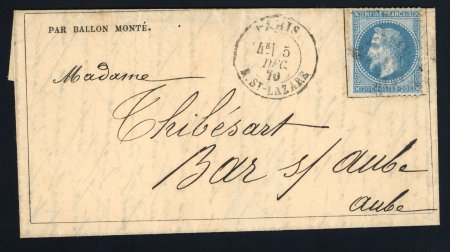 Stamp of France » Ballons Montés 1870, Lettre par Ballon Monté affranchie Empire Lauré