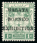 Stamp of Malaysia » Malaysian States » Kelantan 1922 Malaya Borneo Exhibition 1c green showing partial doubling of overprint mint