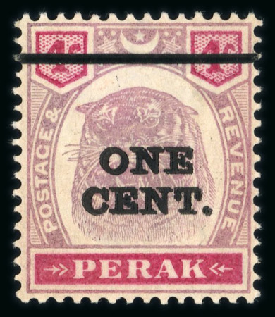 Stamp of Malaysia » Malaysian States » Perak 1900 1c on 4c dull purple and carmine surcharge double, mint part o.g.
