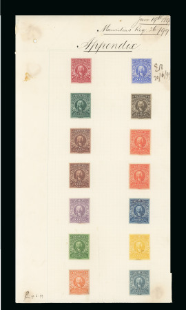 Stamp of Mauritius » 1899 Birth Bicentenary of la Bourdonnais (SG 136) 1899 (Jun 19) La Bourdonnais 15c, De La Rue Appendix sheet with imperforate colour trials in twelve colours