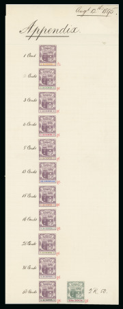 Stamp of Mauritius » 1900-05 Arms Issue (SG 138-155) 1900-05 Arms issue, De La Rue Appendix sheet date Aug 12 1895 mounted with 11 different 3c. colour trials