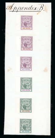 Stamp of Mauritius » 1900-05 Arms Issue (SG 138-155) 1900-05 Arms issue, De La Rue Appendix sheet B undated mounted with 6 different 1r.. colour trials