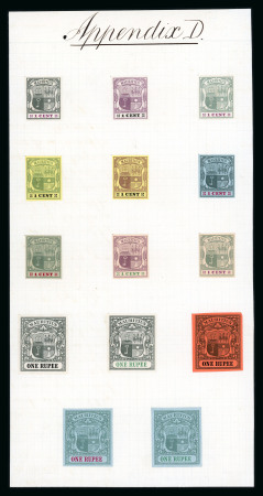 Stamp of Mauritius » 1900-05 Arms Issue (SG 138-155) 1900-05 Arms issue, De La Rue Appendix sheet D, undated, mounted with 9 different 1c. and 5 different 1r. colour trials