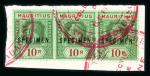 Stamp of Mauritius » Later Issues 1913-22 range of values comprising 12c., 25c (2), 50c., 1r. (2), 5r., 10r. and 2r 50c. in strips of three, each overprinted SPECIMEN and affixed to Madagascar UPU receiving authority ledger page pieces