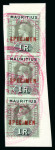 Stamp of Mauritius » Later Issues 1913-22 range of values comprising 12c., 25c (2), 50c., 1r. (2), 5r., 10r. and 2r 50c. in strips of three, each overprinted SPECIMEN and affixed to Madagascar UPU receiving authority ledger page pieces