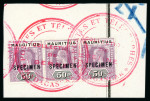 Stamp of Mauritius » Later Issues 1913-22 range of values comprising 12c., 25c (2), 50c., 1r. (2), 5r., 10r. and 2r 50c. in strips of three, each overprinted SPECIMEN and affixed to Madagascar UPU receiving authority ledger page pieces