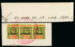 Stamp of Mauritius » Later Issues 1913-22 range of values comprising 12c., 25c (2), 50c., 1r. (2), 5r., 10r. and 2r 50c. in strips of three, each overprinted SPECIMEN and affixed to Madagascar UPU receiving authority ledger page pieces