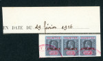 Stamp of Mauritius » Later Issues 1913-22 range of values comprising 12c., 25c (2), 50c., 1r. (2), 5r., 10r. and 2r 50c. in strips of three, each overprinted SPECIMEN and affixed to Madagascar UPU receiving authority ledger page pieces