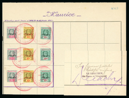 Stamp of Mauritius » Later Issues 1913-22 range of values comprising 5c., (3), 25c (3) and 10r. (3), each overprinted SPECIMEN and affixed to Madagascar UPU receiving authority ledger page