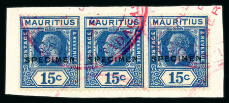 Stamp of Mauritius » Later Issues 1921-34 1c. to 20c. set of nine values in strips of three being the new issues made in 1926, each overprinted SPECIMEN and affixed to Madagascar UPU receiving authority ledger page pieces