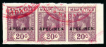 Stamp of Mauritius » Later Issues 1921-34 1c. to 20c. set of nine values in strips of three being the new issues made in 1926, each overprinted SPECIMEN and affixed to Madagascar UPU receiving authority ledger page pieces