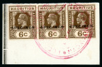 Stamp of Mauritius » Later Issues 1921-34 1c. to 20c. set of nine values in strips of three being the new issues made in 1926, each overprinted SPECIMEN and affixed to Madagascar UPU receiving authority ledger page pieces