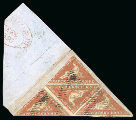 Stamp of South Africa » Cape of Good Hope 1853 1d pale brick-red on paper deeply blued in a triangular block of four, used