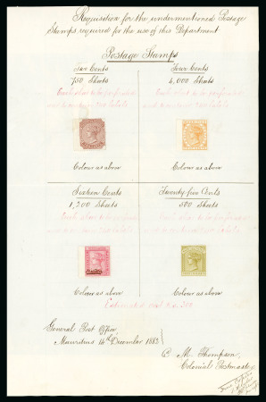 Stamp of Mauritius » 1879-80 De La Rue Watermark CC (SG 92-100) 1883-94 Requisition sheet, The Unique sheet from the