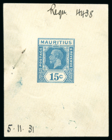 Stamp of Mauritius » Later Issues 1931 15c. die proof in light blue, on thick laid surfaced paper, dated "5.11.31" at lower left