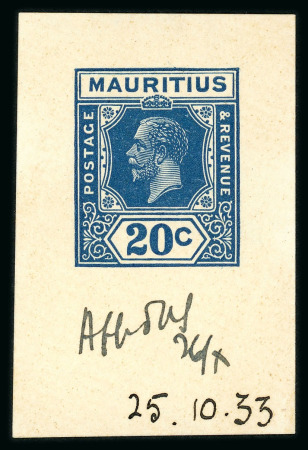 Stamp of Mauritius » Later Issues 1931 20c. die proof in blue, on thick laid surfaced paper, dated "25.10.33" at lower right