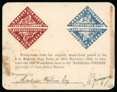 Stamp of South Africa » Cape of Good Hope 1940 Jurgens 1d and 4d Woodblock reprints, sample card bearing two pairs of reprints