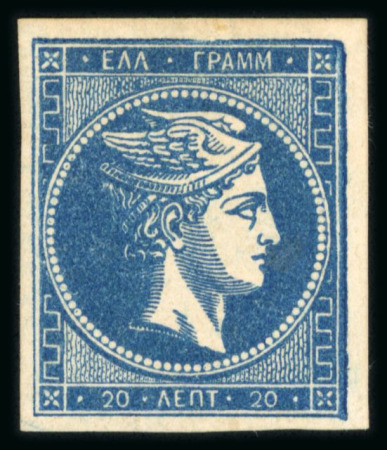 Stamp of Greece » Large Hermes Heads » 1875-80 Printed on cream paper with figures at back 20 Lep Prussian blue on white paper, from the upper right corner of the sheet