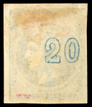 Stamp of Greece » Large Hermes Heads » 1875-80 Printed on cream paper with figures at back 20 Lep Prussian blue on white paper, from the upper right corner of the sheet